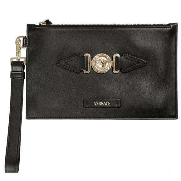 Versace Black Silver Medusa 100% Leather Wristlet Handbag Clutch Bag - Picture 1 of 4